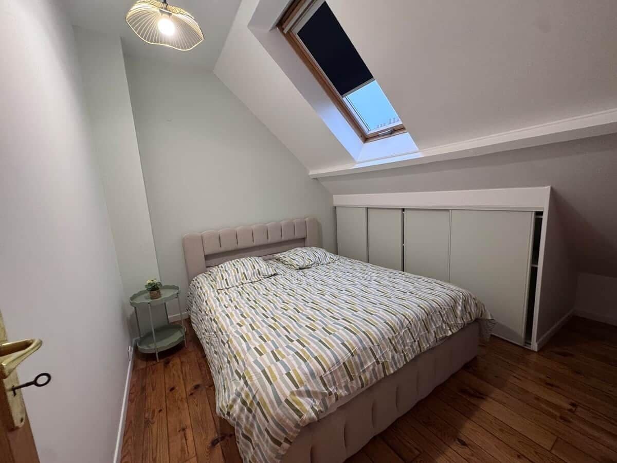 A bedroom with a sloped ceiling, a skylight, a bed with a striped bedspread, a bedside table with a plant, and a wardrobe.