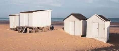 A row of beach huts with a sandy beach and ocean in the background.