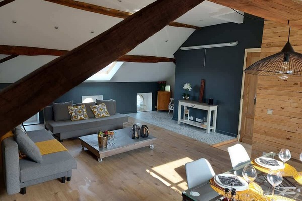 Espace de vie, salon avec projecteur, salle à manger