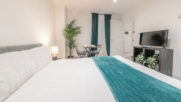 Ein Hotelzimmer mit Bett, Schreibtisch, Stuhl, Fernseher und einer Pflanze.