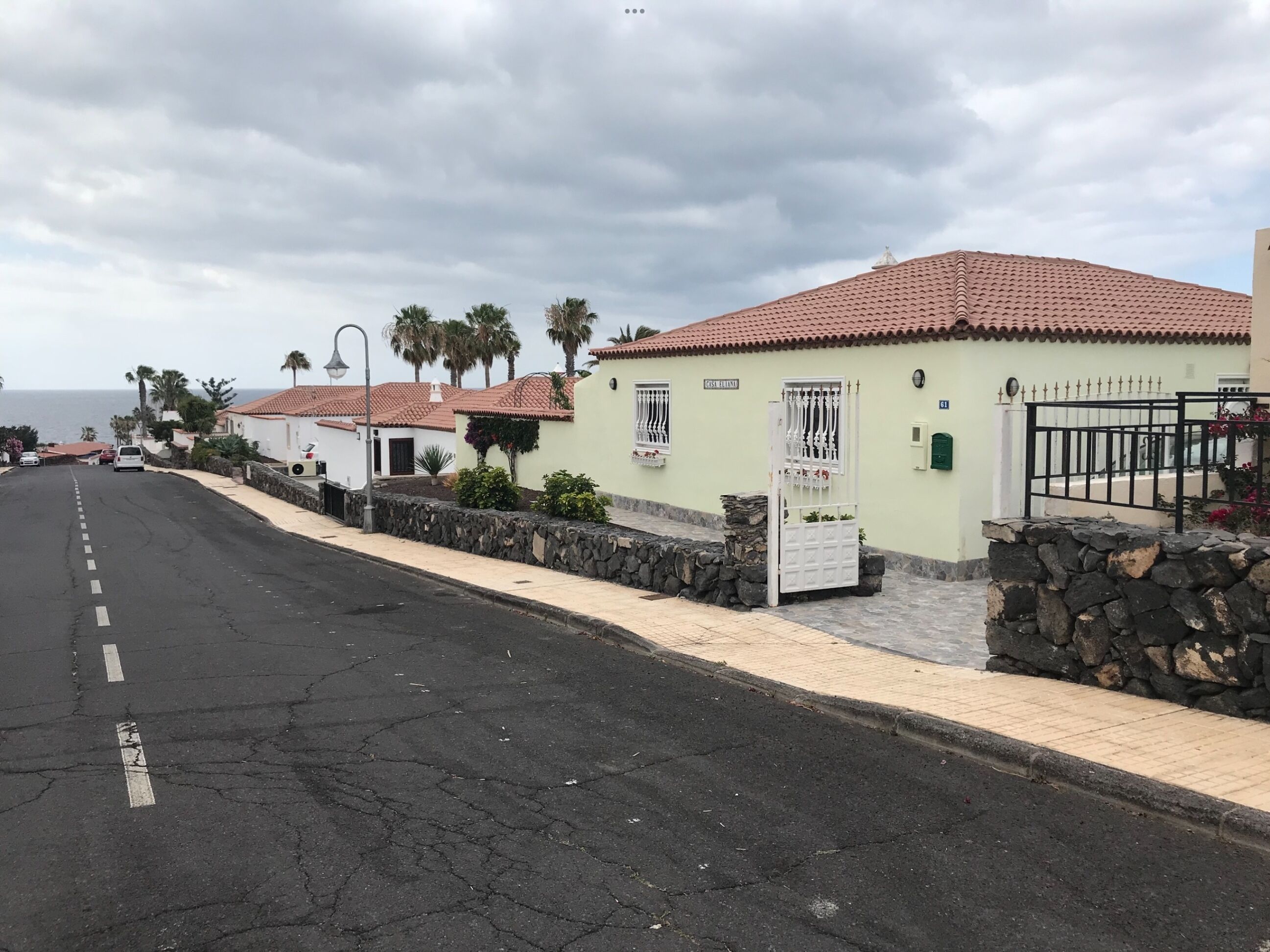 Una calle costera con una hilera de casas, un muro de piedra y una reja.