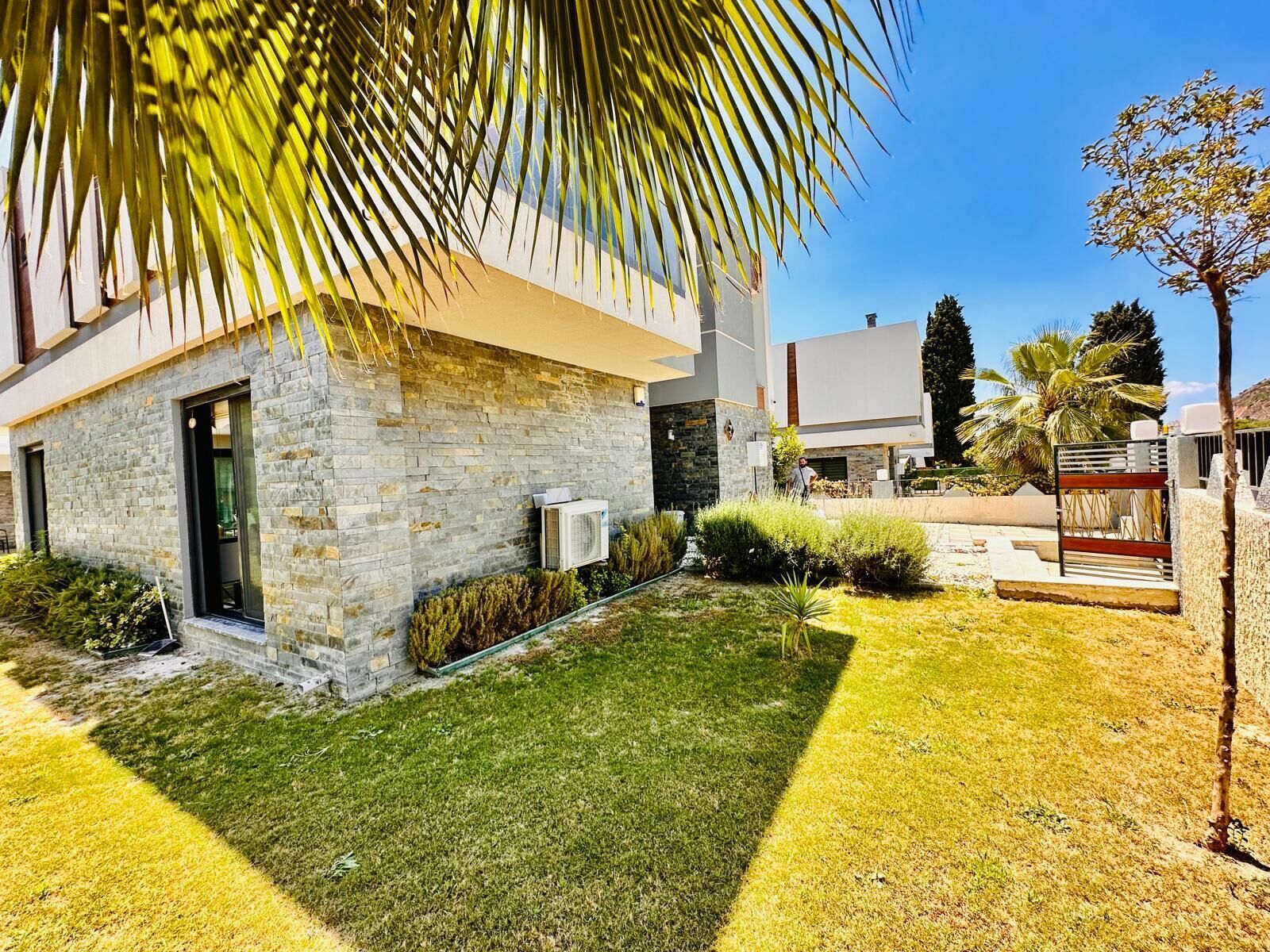 A modern building with a stone facade, a small garden, and a palm tree.