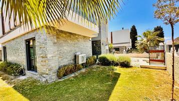 A modern building with a stone facade, a small garden, and a palm tree.