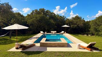 Outdoor pool, pool umbrellas, pool loungers