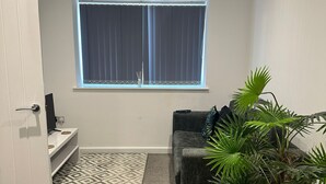 A living room with a sofa, a potted plant, a patterned rug, and a window with curtains. - Peaceful 2BR Stay with Fast Reliable Wi-Fi (Kingston upon Hull)