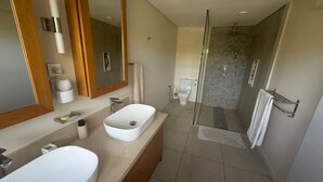 A modern bathroom with two sinks, a large mirror, a shower area, and a toilet. - Location La Balise (Black River)