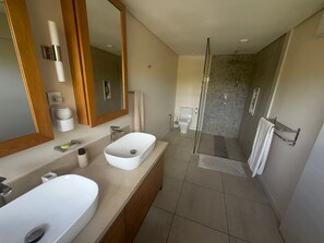 A modern bathroom with two sinks, a large mirror, a shower area, and a toilet. - Location La Balise (Black River)