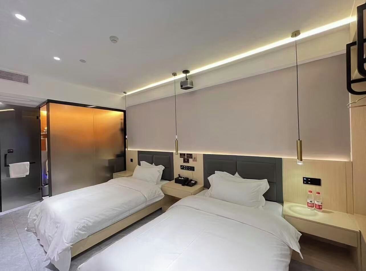Desk, laptop workspace, blackout curtains, free WiFi