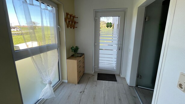 A hallway with a wooden floor, a door with horizontal blinds, a small wooden cabinet with a plant, and a view of a grassy area outside.