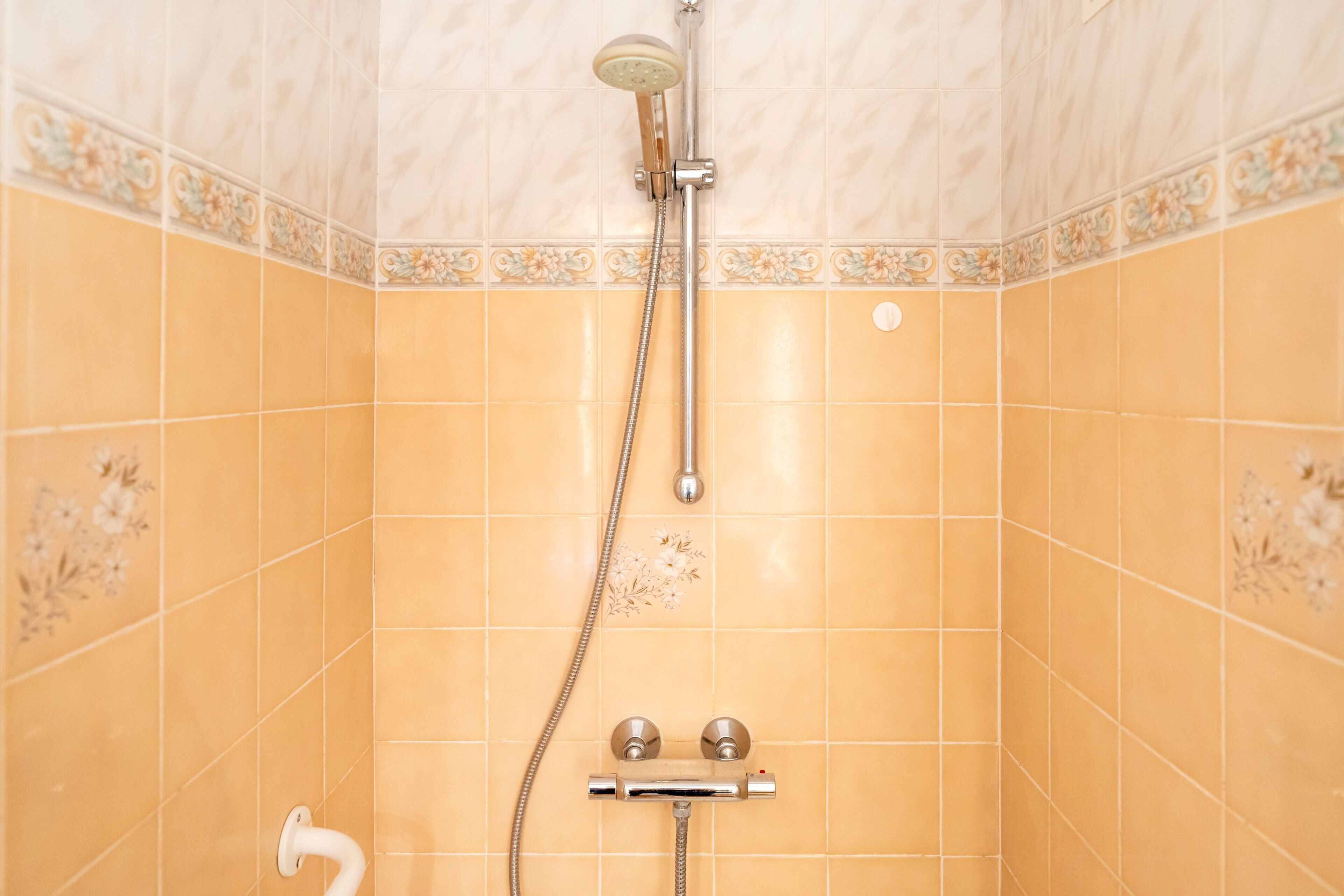 Een douche met douchekop en handdouche, en een wandmengkraan.