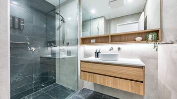 Shower, hair dryer, towels, soap