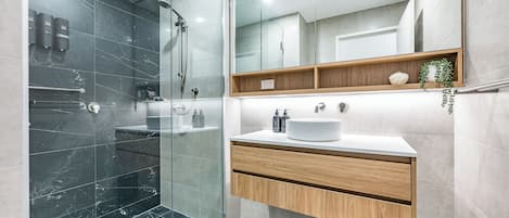 Shower, hair dryer, towels, soap