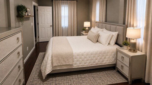 A bedroom with a bed, bedside tables, a dresser, and a door. - 2-bedroom apartment in Lewiston near CMCC (Lewiston)