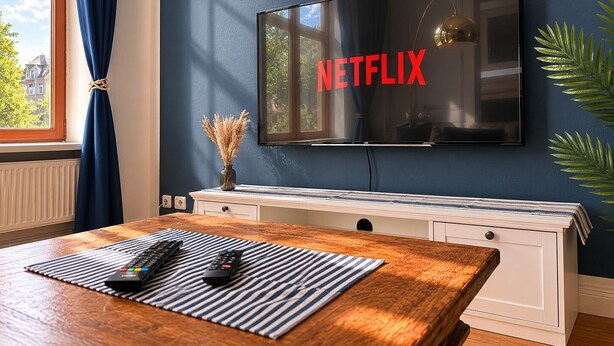 Una stanza con una grande TV a schermo piatto montata a parete, un tavolo di legno con telecomandi, un vaso con piante essiccate e una finestra con tende blu.