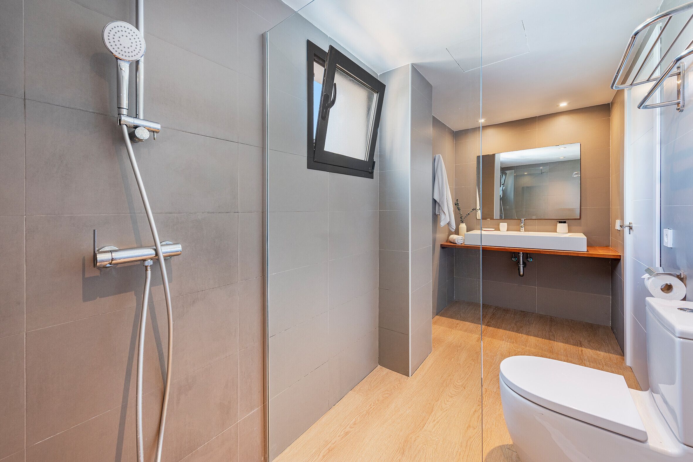 Shower, hair dryer, towels