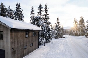 Una cabaña de madera con techo cubierto de nieve, rodeada de árboles de hoja perenne y un camino de entrada nevado.