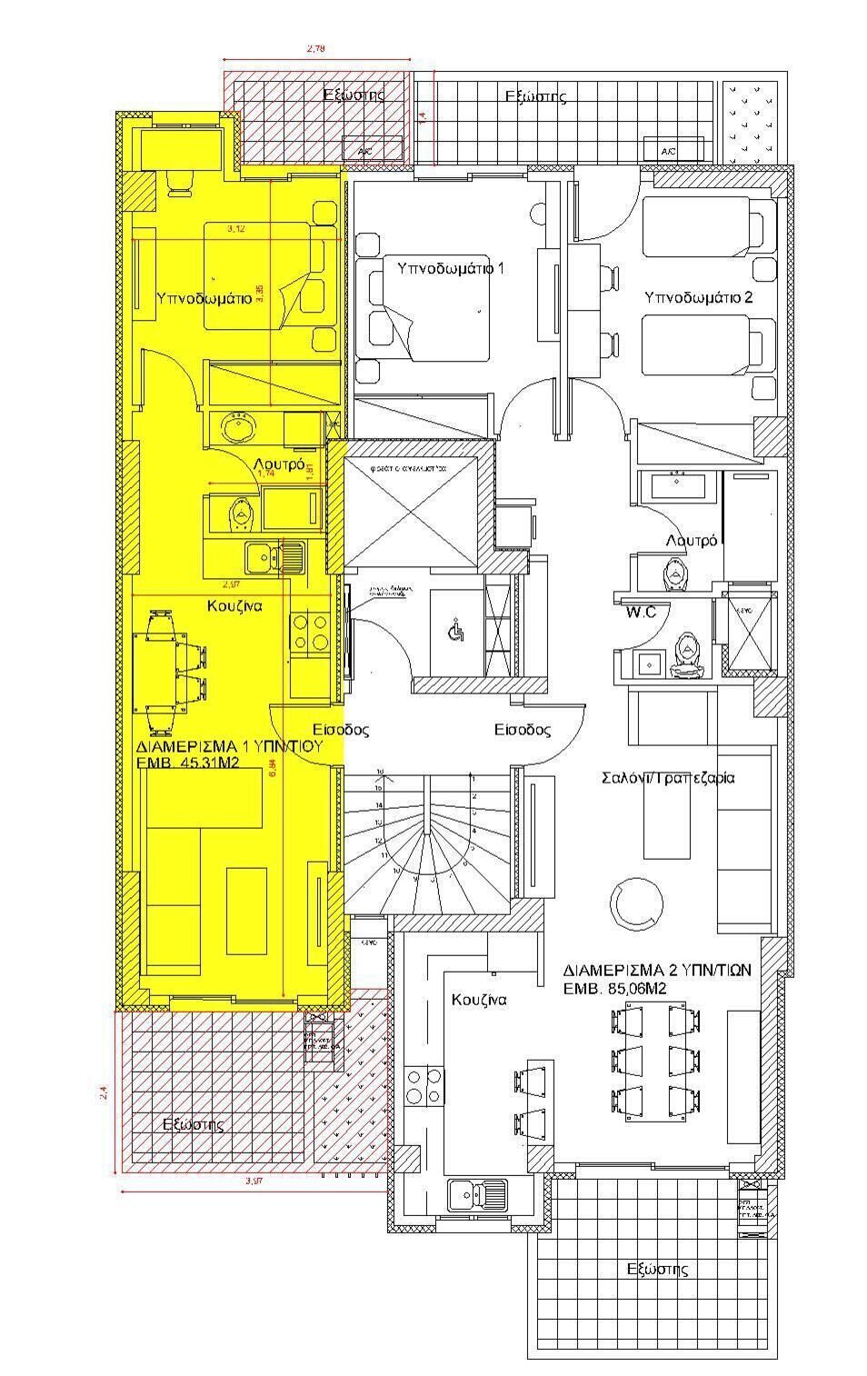 A floor plan of a hotel with multiple rooms, a kitchen area, and a dining space.