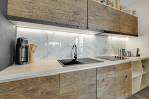 A modern kitchen with a built-in stove, sink, and wooden cabinets. - Floating Home on the Water, big Terrace, BBQ & Lake Views, 15 min. from centre (Bratislava)