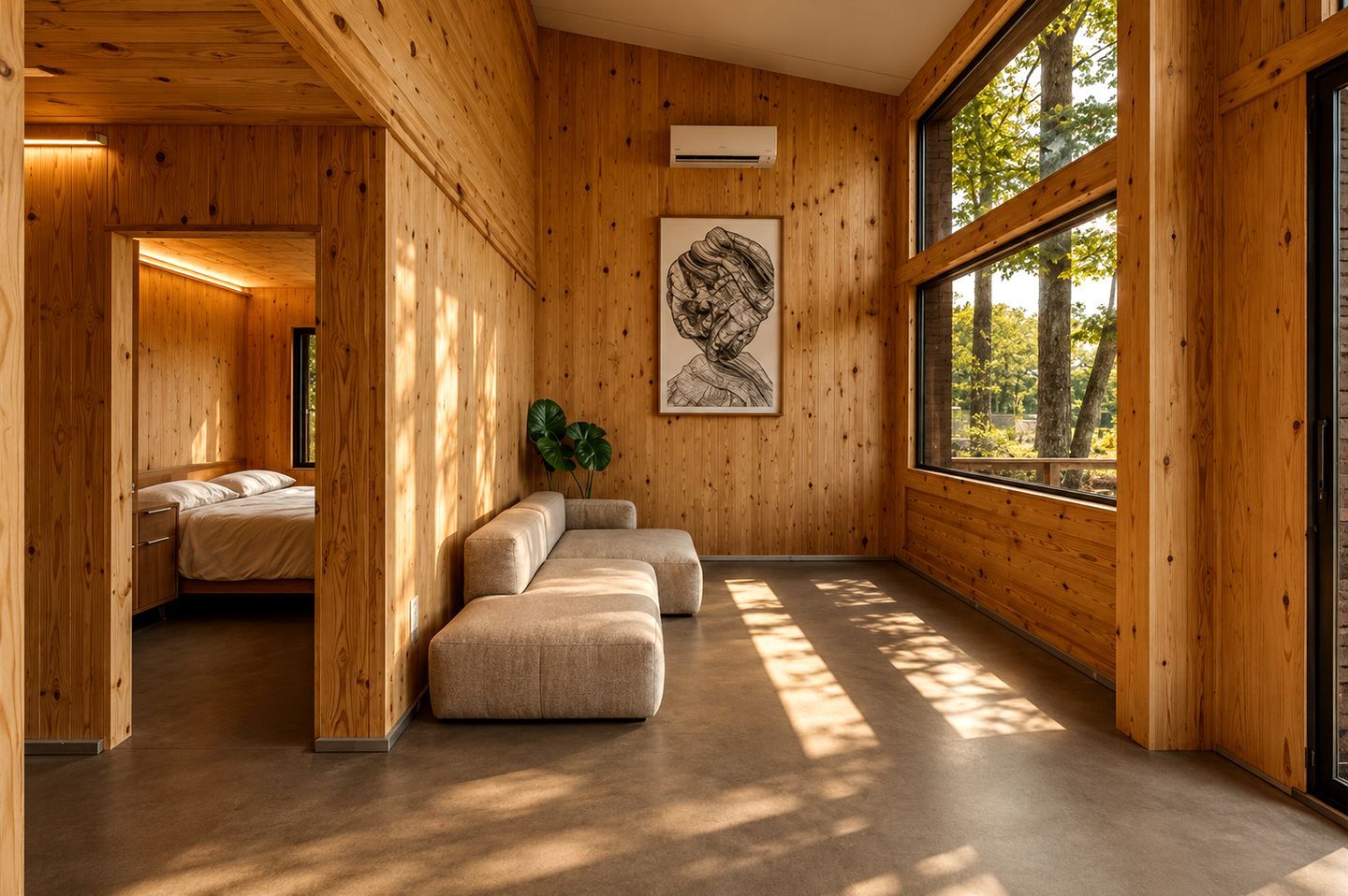 Interior moderno com paredes de madeira, uma janela grande, uma cama, um sofá e uma obra de arte emoldurada.
