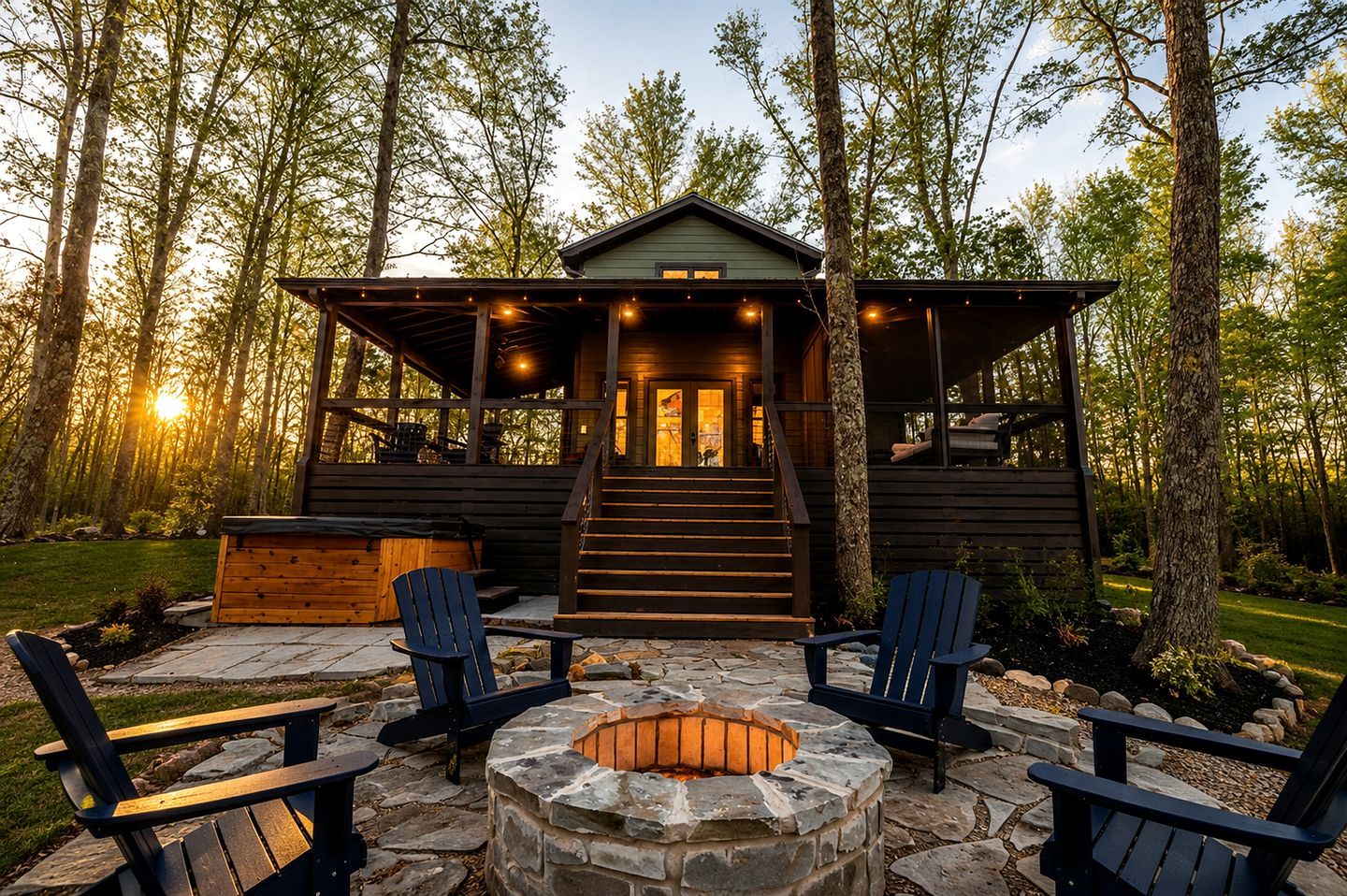 A cabin with a stone fire pit, two Adirondack chairs, and a staircase leading to the entrance.