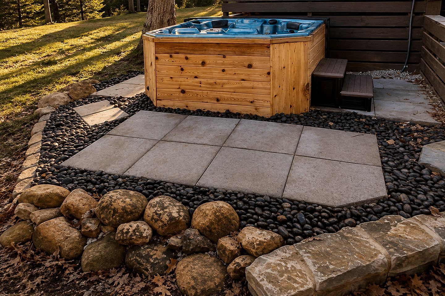 A hot tub surrounded by a stone and pebble border, with a wooden deck in the center.