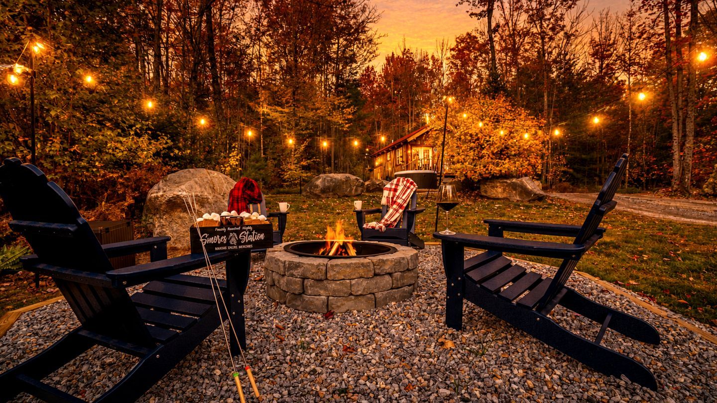 Un espacio al aire libre con sillones Adirondack, un hogar de piedra y una estación de aperitivos.