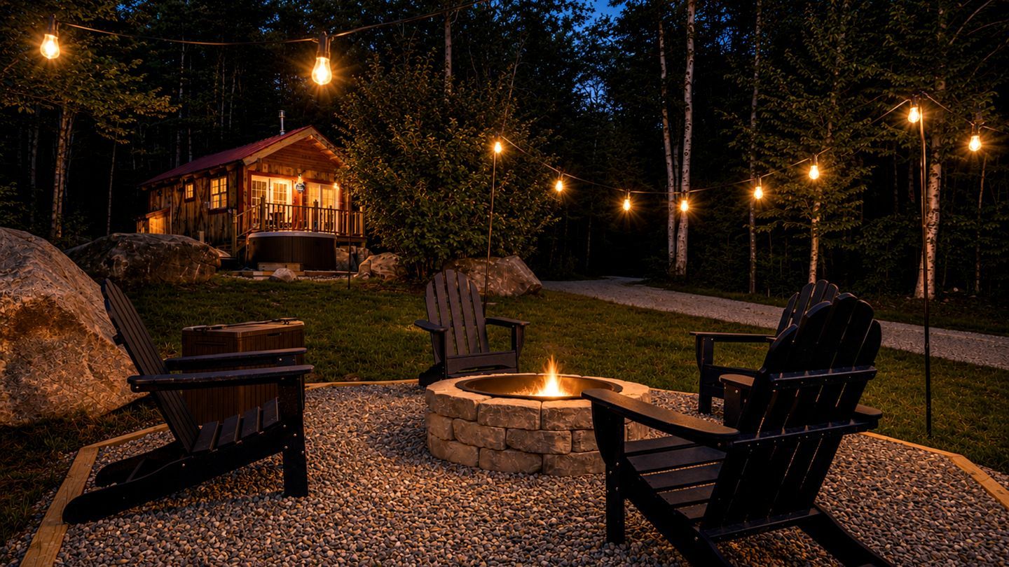 Une cabane dotée d’un foyer en pierre et de chaises Adirondack, entourée d’une zone recouverte de gravier et illuminée par des guirlandes lumineuses.