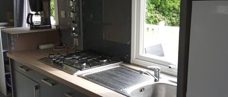 Frigorífico, microondas, placa de cocina y cafetera o tetera