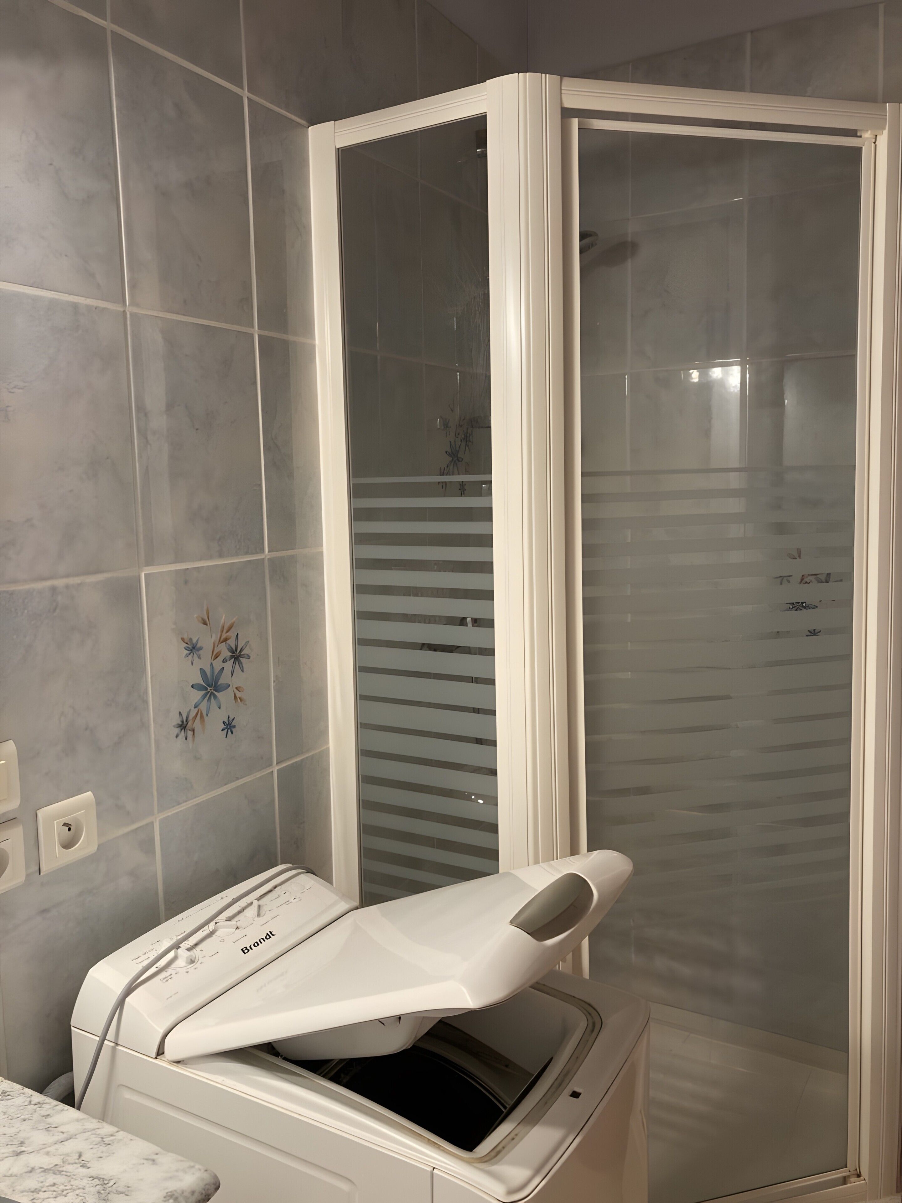 Een badkamer met douchecabine, een haardroger en een betegelde wand met bloemendesign.