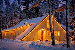 A cabin with a sloped roof, surrounded by snow-covered trees, and illuminated by string lights.