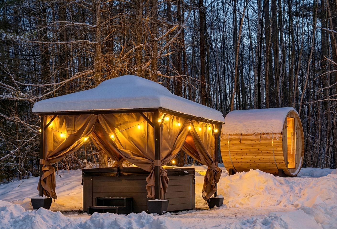 A wooden cabin with a snow-covered roof and a large cylindrical structure, surrounded by a snowy forest.
