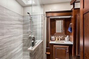 Hair dryer, towels, soap, shampoo