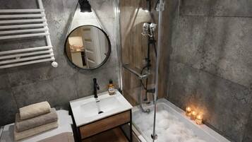 Hair dryer, towels, toilet paper