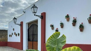 A building with a white exterior and red accents, potted plants on the wall, and a large green plant in the foreground. - Private retreat with pool near Seville (Utrera)