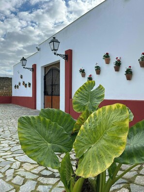A building with a white exterior and red accents, potted plants on the wall, and a large green plant in the foreground. - Private retreat with pool near Seville (Utrera)