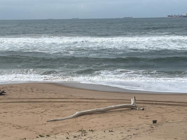 A beach with a large driftwood piece, waves, and distant ships.