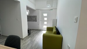 Ein modernes Interieur mit Holzboden in Grau, einem grünen Sofa, einer weißen Tür mit Fenster und einem Mülleimer.