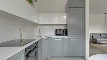 Family Apartment, Balcony, Courtyard View | Private kitchen | Coffee/tea maker, electric kettle, high chair, griddle