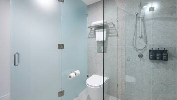 Shower, hair dryer, slippers, towels