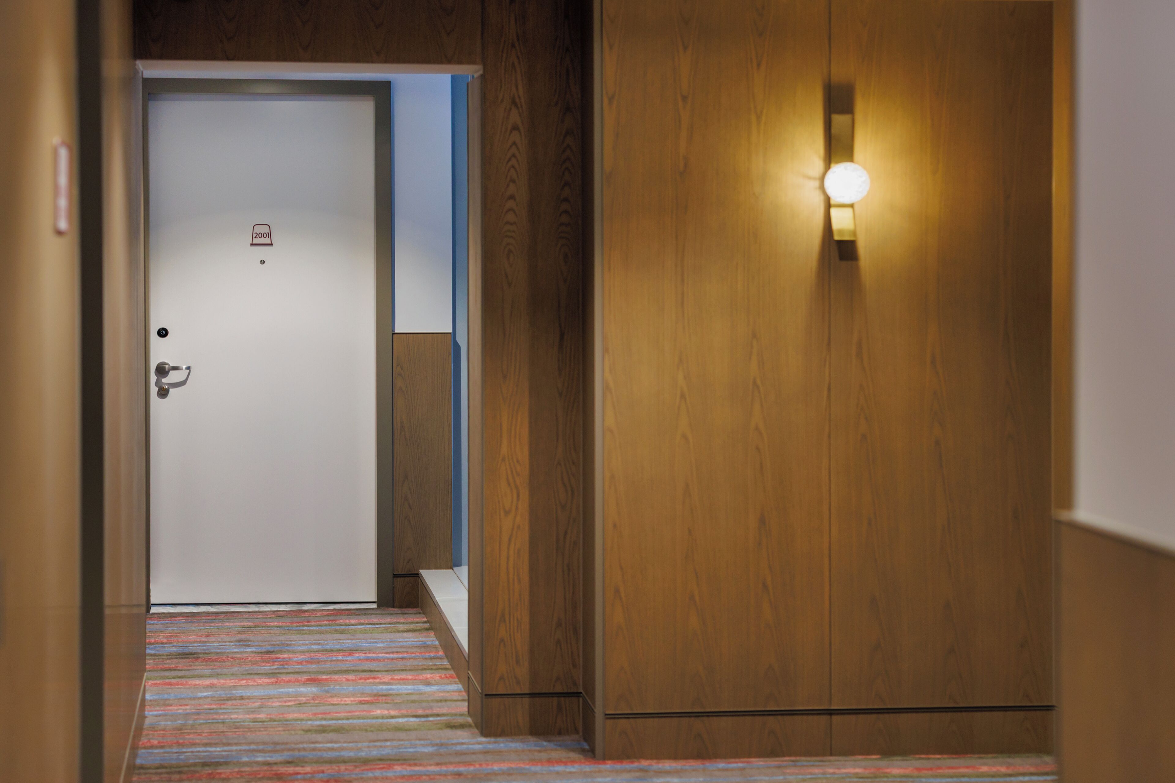A hotel corridor with a wooden door, a light fixture, and a striped carpet.