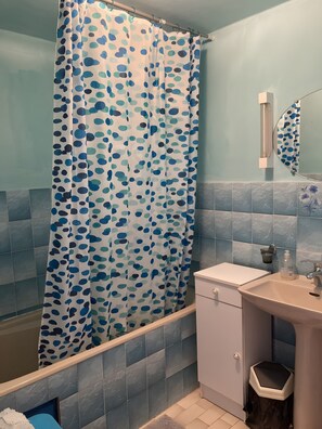 Un bagno con tenda doccia, lavandino, specchio e water.