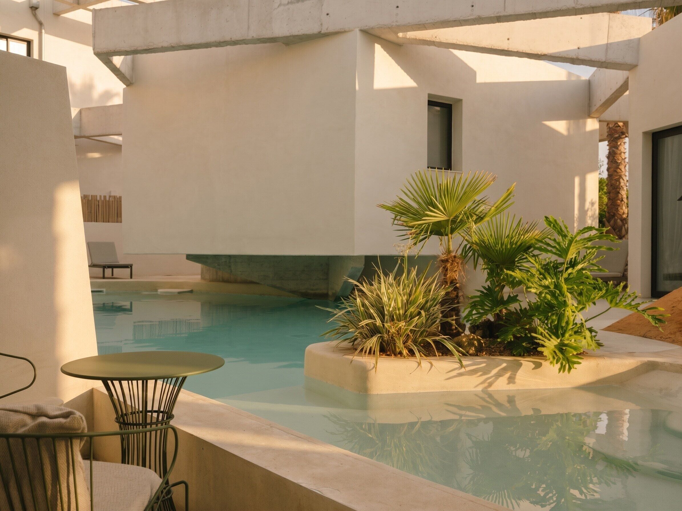 Una zona de piscina con un rincón de descanso y plantas.