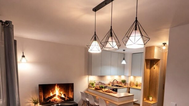 Ein modernes Wohnzimmer mit Kamin, Essbereich und Küche.