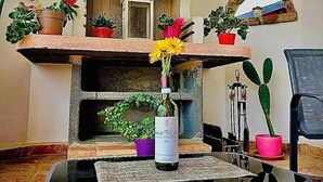 Een terras met een tafel, stoelen en een wijnfles. Er staan potplanten en een bakoven.