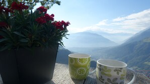Une table en bois avec deux tasses et une plante en pot.