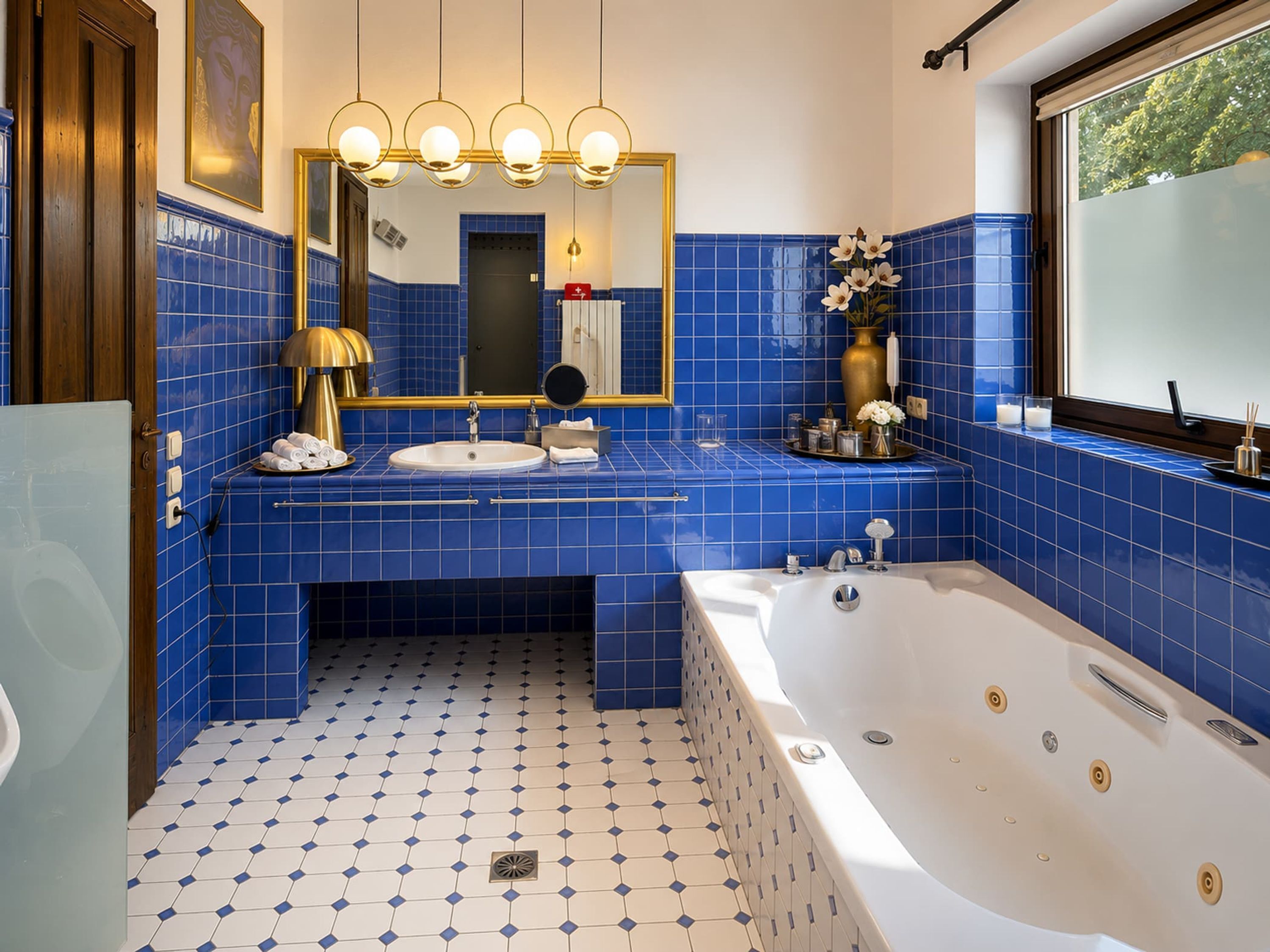 Baño con azulejos azules, una bañera blanca, lavamanos, espejo y ventana.