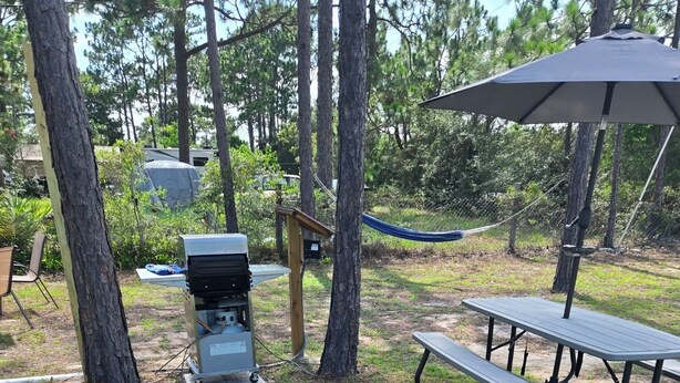 Een picknickplaats met een barbecue, picknicktafel en parasol.
