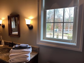 A bathroom with a sink, a mirror, wall sconces, and a window with a view of trees and a wooden deck.