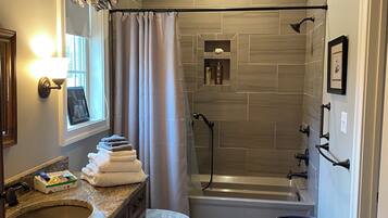 Hair dryer, towels, soap, toilet paper