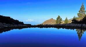 Ein ruhiger See mit deutlicher Spiegelung eines Berges und Bäumen.